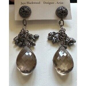 Estate  Artisan Smoky Quartz Seed Pearl Sterling Silver Dangle Handmade Earrings
